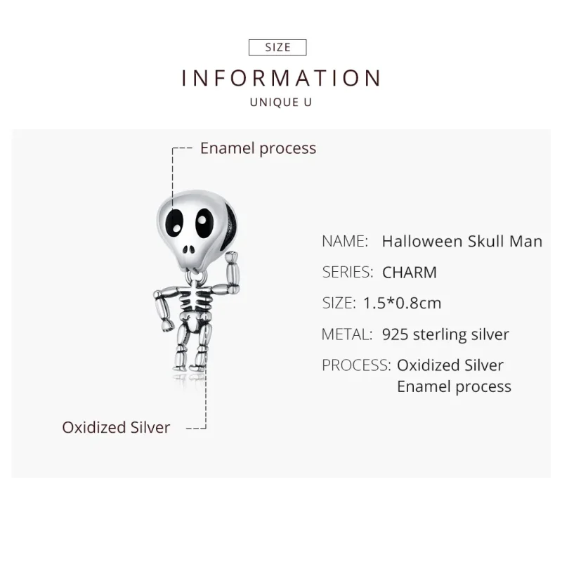 (image for) Pandora Style Silver Charm, Halloween Skull Man, Black Enamel - SCC1617 - View 8