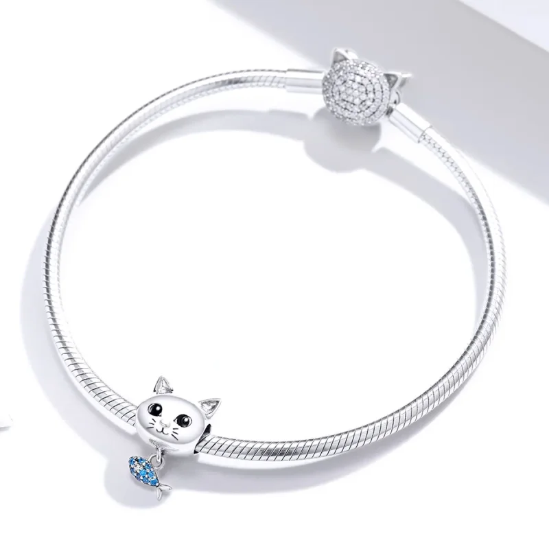 (image for) Pandora Style Silver Charm, Kitty With Fish, Cyan Blue Enamel - BSC226 - View 3