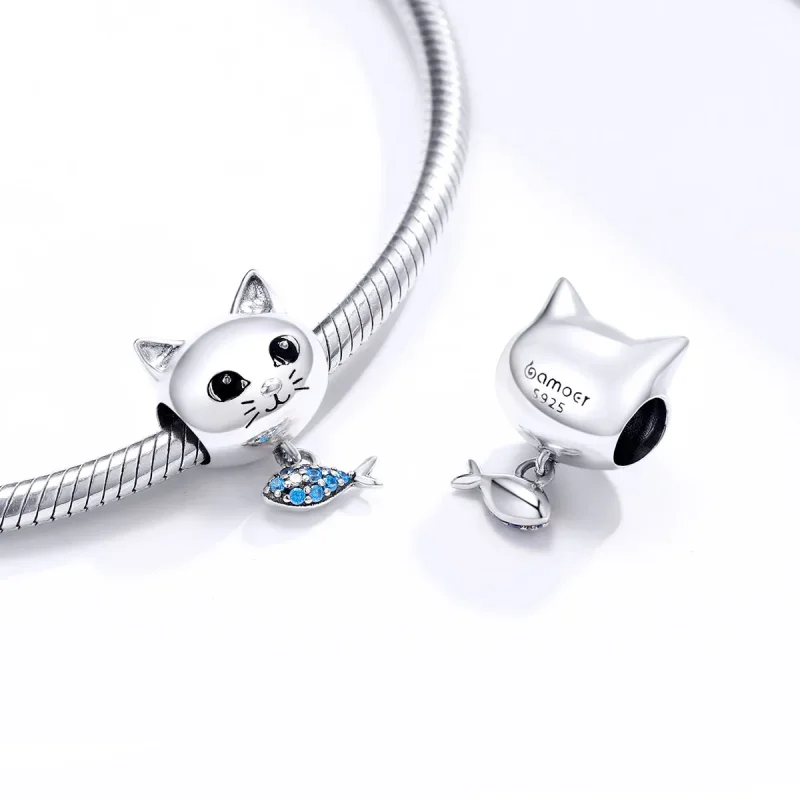 (image for) Pandora Style Silver Charm, Kitty With Fish, Cyan Blue Enamel - BSC226 - View 4