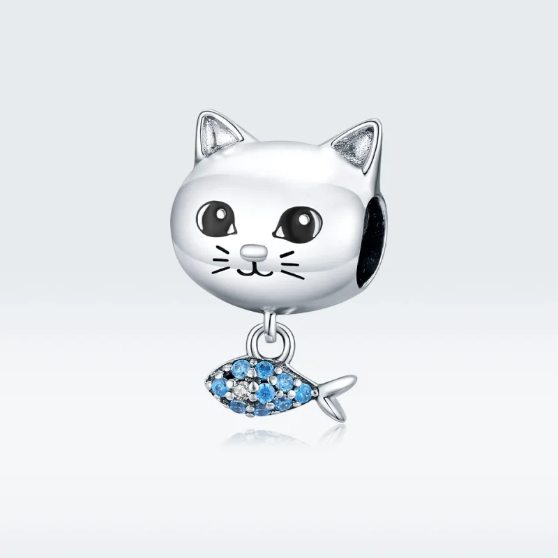 (image for) Pandora Style Silver Charm, Kitty With Fish, Cyan Blue Enamel - BSC226 - View 5