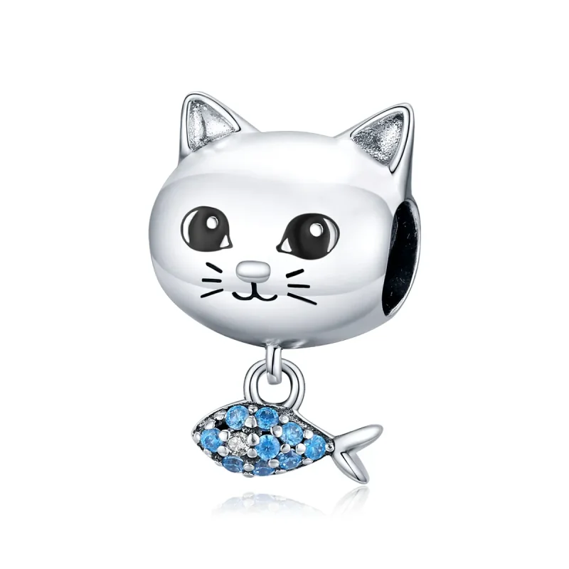 (image for) Pandora Style Silver Charm, Kitty With Fish, Cyan Blue Enamel - BSC226 - Product Image
