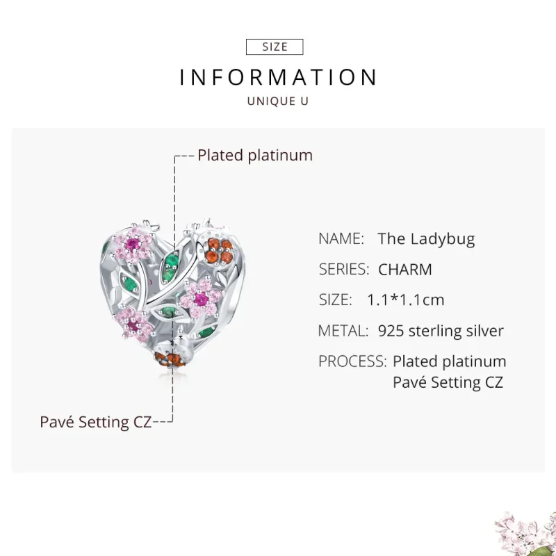 (image for) Pandora Style Silver Charm, Ladybug & Flowers - BSC117 - View 6
