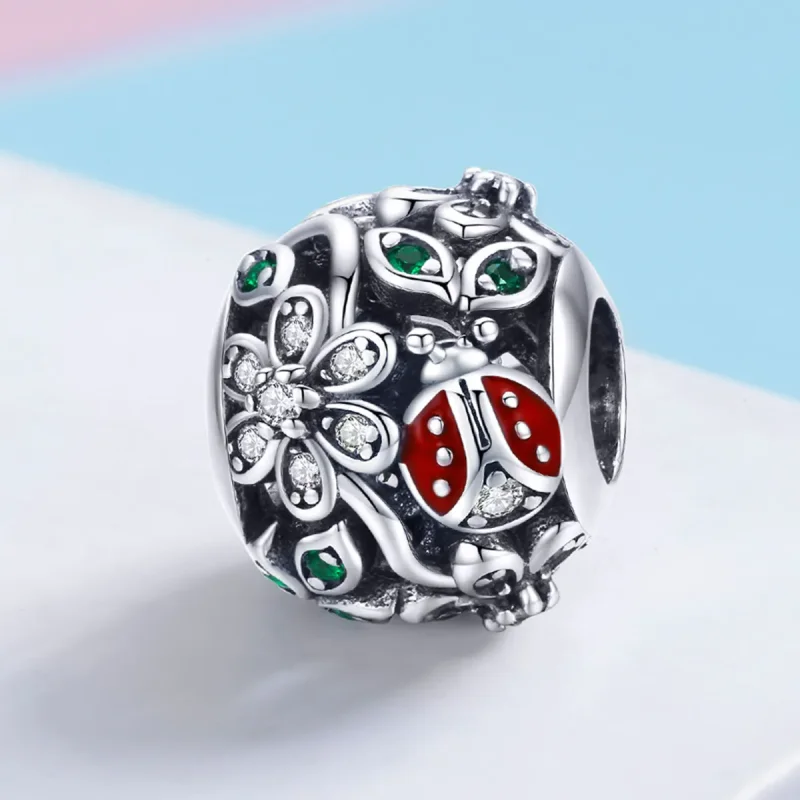 (image for) Pandora Style Silver Charm, Ladybugs and Flowers - SCC926 - View 2