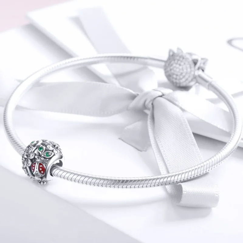 (image for) Pandora Style Silver Charm, Ladybugs and Flowers - SCC926 - View 3