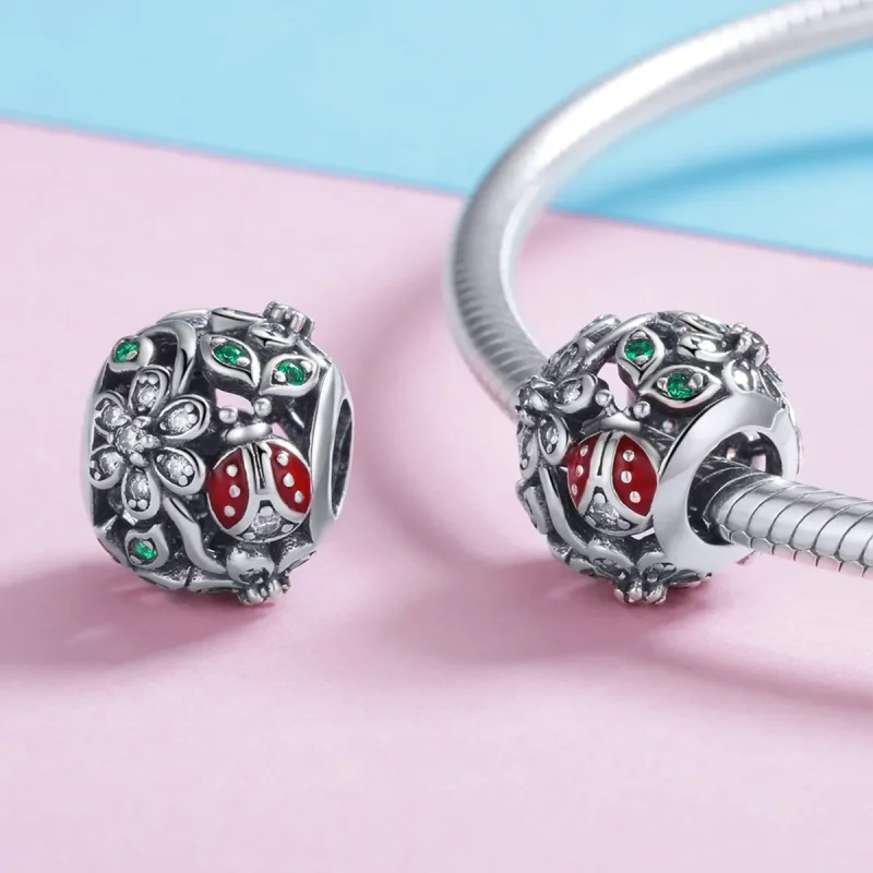 (image for) Pandora Style Silver Charm, Ladybugs and Flowers - SCC926 - View 4