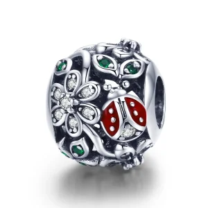 (image for) Pandora Style Silver Charm, Ladybugs and Flowers - SCC926