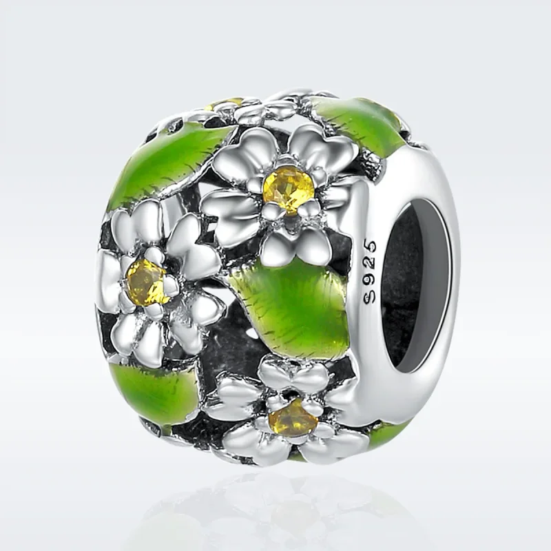(image for) Pandora Style Silver Charm, Little Daisies In Spring and Summer, Green Enamel - - View 2