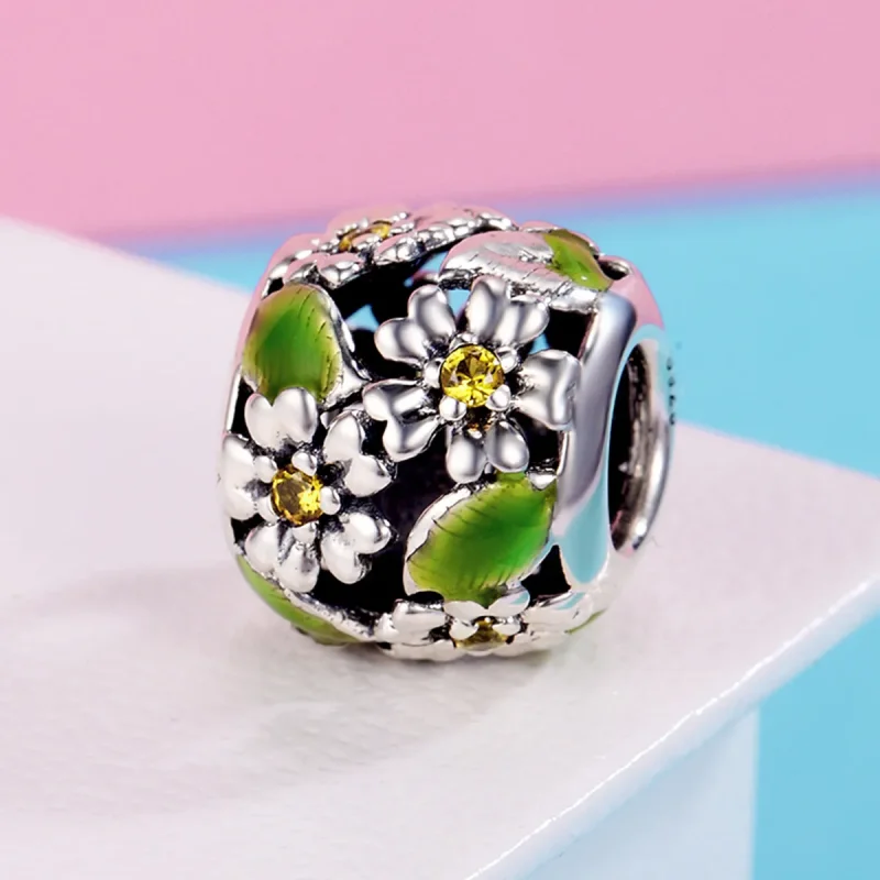 (image for) Pandora Style Silver Charm, Little Daisies In Spring and Summer, Green Enamel - - View 3