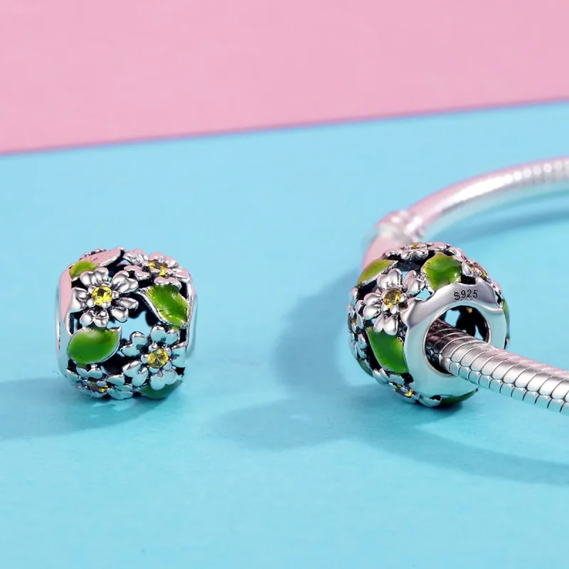 (image for) Pandora Style Silver Charm, Little Daisies In Spring and Summer, Green Enamel - - View 4