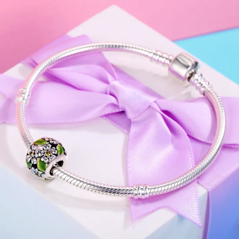 (image for) Pandora Style Silver Charm, Little Daisies In Spring and Summer, Green Enamel - - View 5