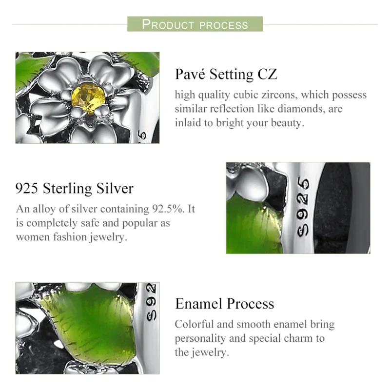(image for) Pandora Style Silver Charm, Little Daisies In Spring and Summer, Green Enamel - - View 6