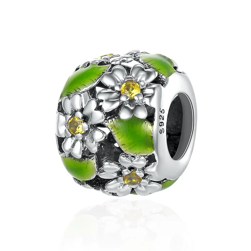 (image for) Pandora Style Silver Charm, Little Daisies In Spring and Summer, Green Enamel - SCC490 - Product Image