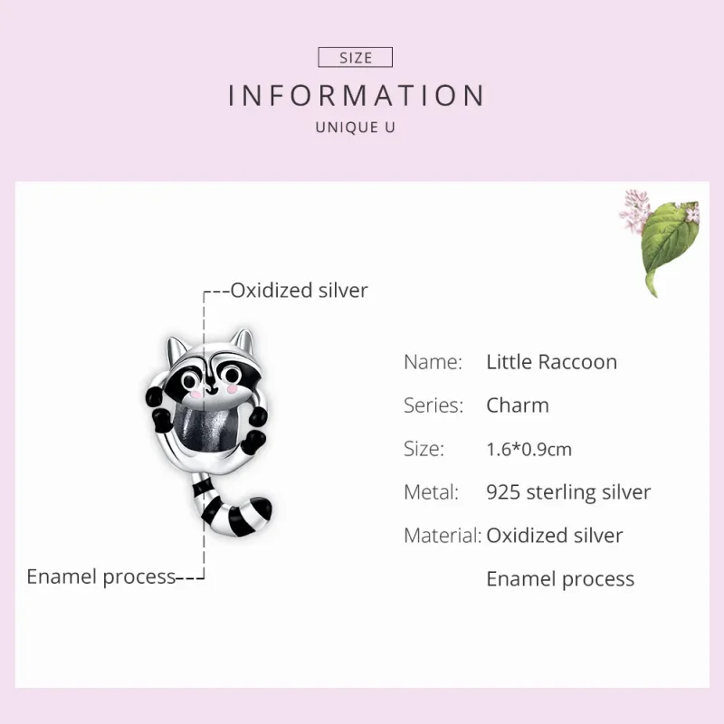 (image for) Pandora Style Silver Charm, Little Raccoon, Multicolor Enamel - BSC403 - View 7