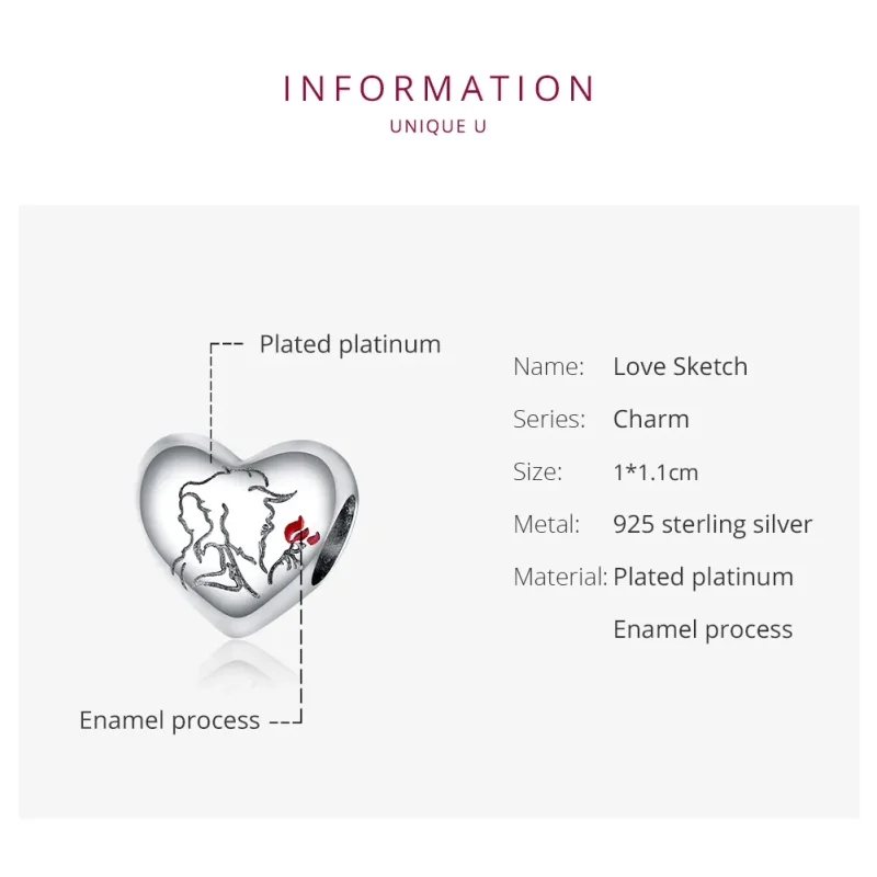 (image for) Pandora Style Silver Charm, Love Sketch, Red Enamel - BSC321 - View 6