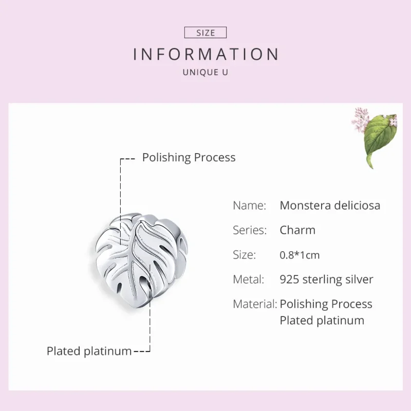 (image for) Pandora Style Silver Charm, Monstera Deliciosa - BSC141 - View 7