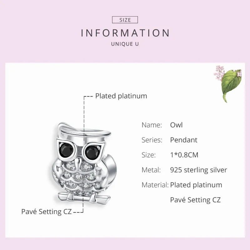 (image for) Pandora Style Silver Charm, Owl - BSC124 - View 6