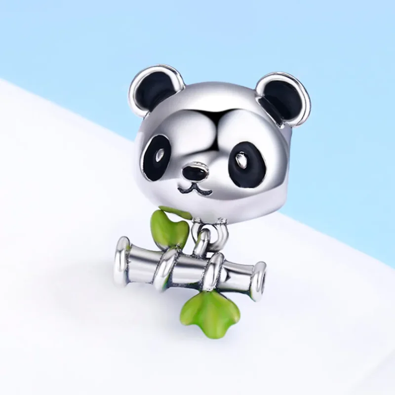 (image for) Pandora Style Silver Charm, Panda Loves to Eat Bamboo, Green Enamel - SCC325 - View 4