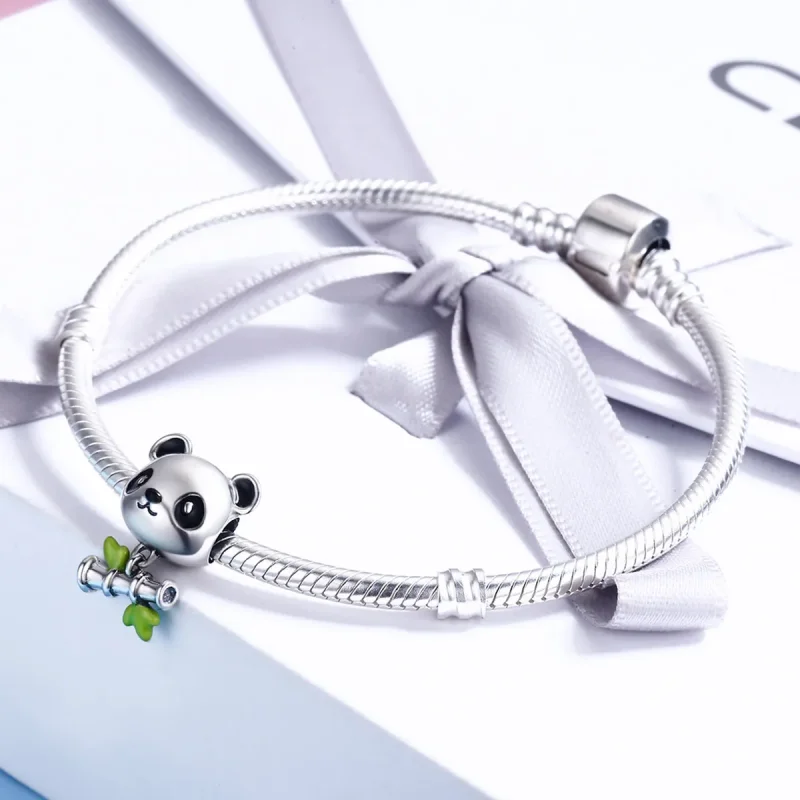 (image for) Pandora Style Silver Charm, Panda Loves to Eat Bamboo, Green Enamel - SCC325 - View 5