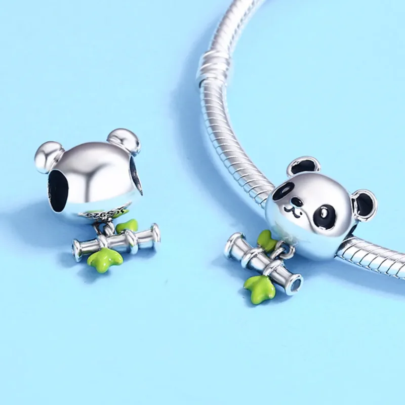 (image for) Pandora Style Silver Charm, Panda Loves to Eat Bamboo, Green Enamel - SCC325 - View 6