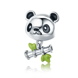 (image for) Pandora Style Silver Charm, Panda Loves to Eat Bamboo, Green Enamel - SCC325