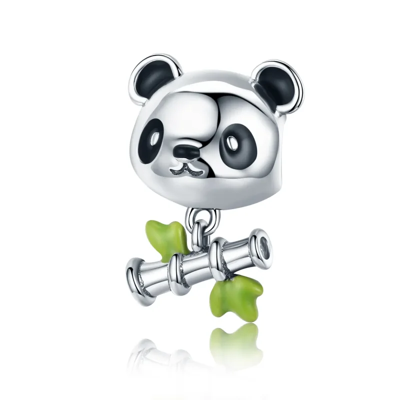 (image for) Pandora Style Silver Charm, Panda Loves to Eat Bamboo, Green Enamel - SCC325 - Product Image