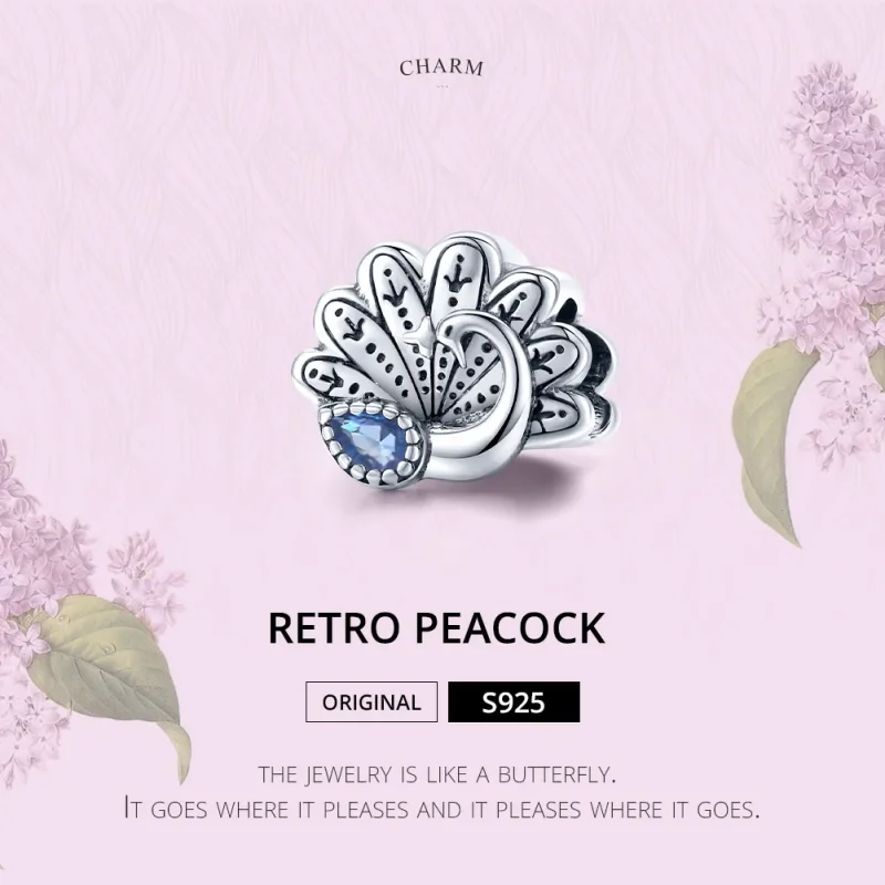 (image for) Pandora Style Silver Charm, Retro Peacock - SCC1558 - View 6