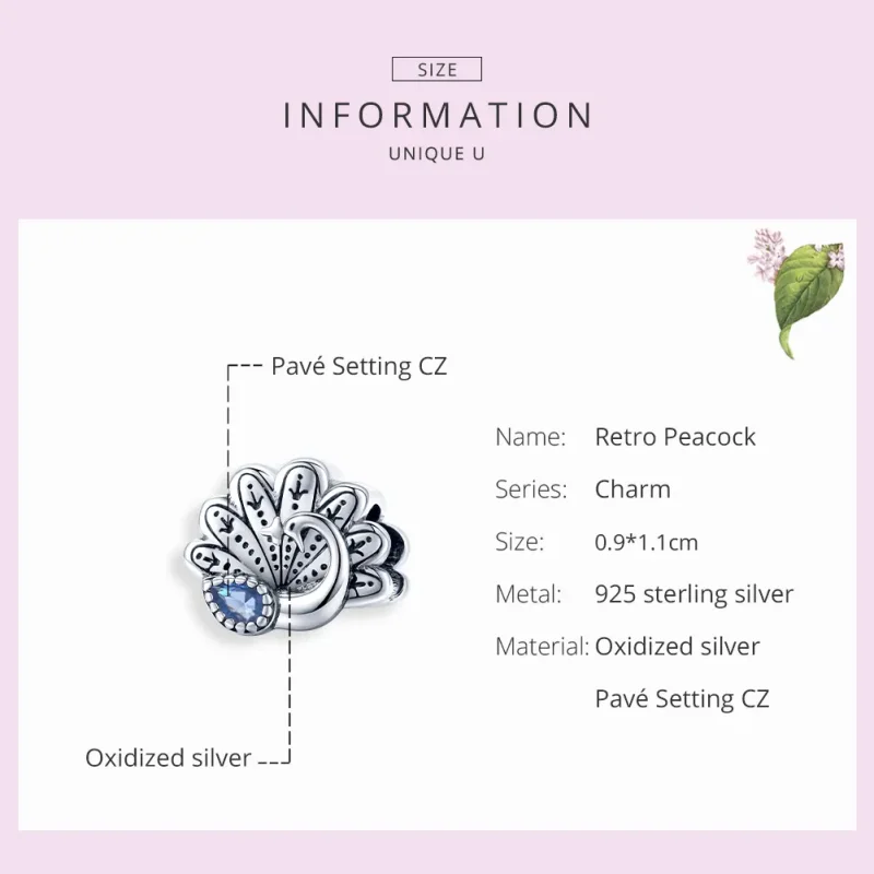 (image for) Pandora Style Silver Charm, Retro Peacock - SCC1558 - View 7