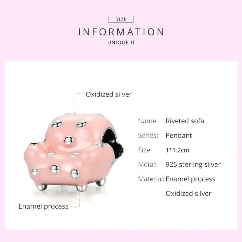 (image for) Pandora Style Silver Charm, Rivet Sofa, Pink Enamel - SCC1854 - View 5