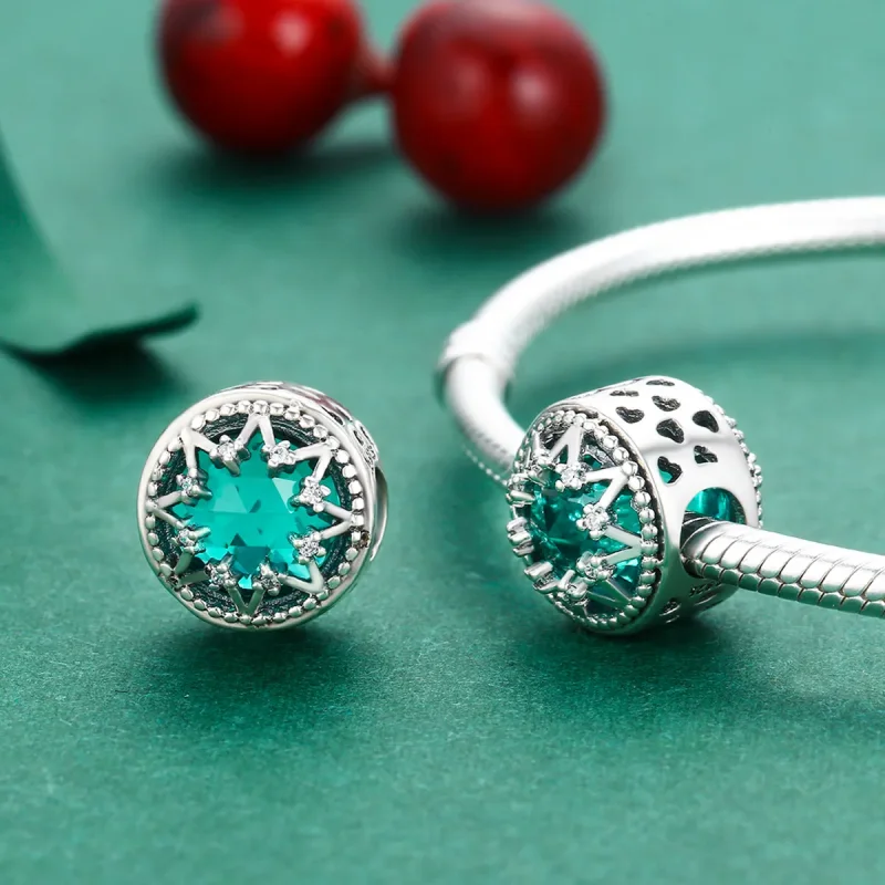 (image for) Pandora Style Silver Charm, Romantic Emerald Snowflakes - SCC308 - View 4