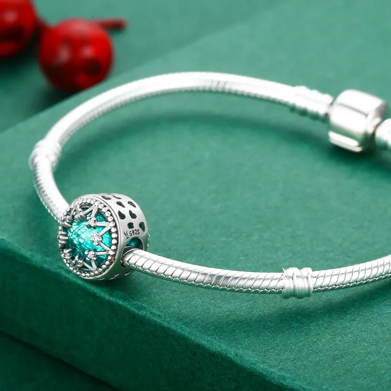 (image for) Pandora Style Silver Charm, Romantic Emerald Snowflakes - SCC308 - View 5