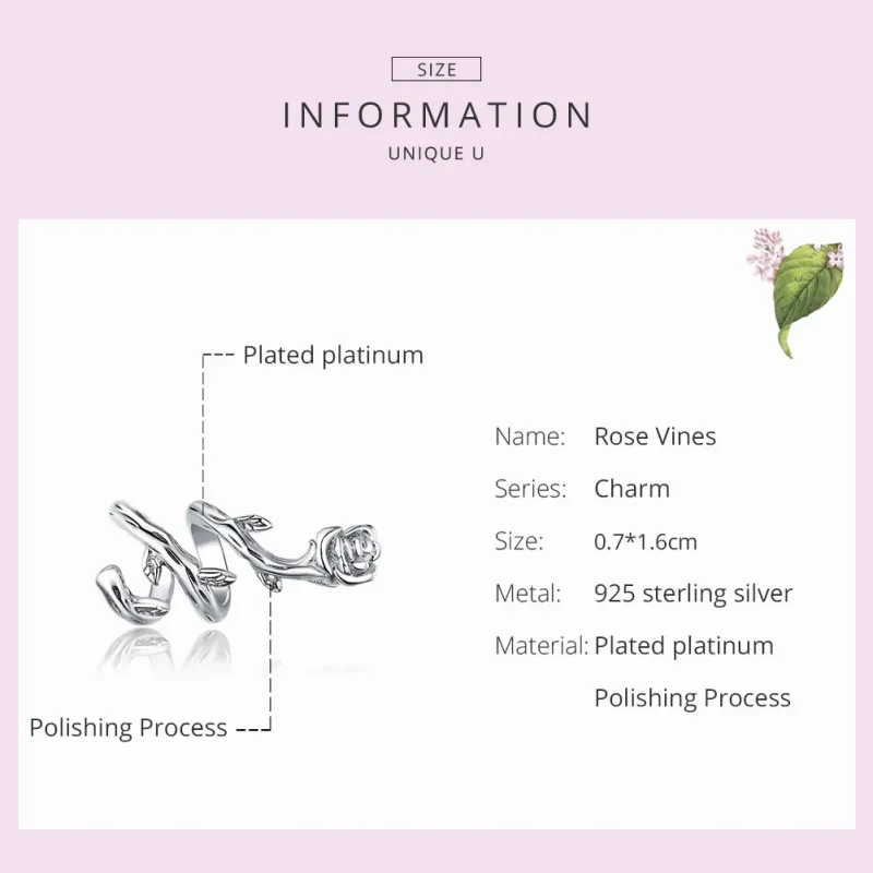 (image for) Pandora Style Silver Charm, Rose Vines - BSC310 - View 7