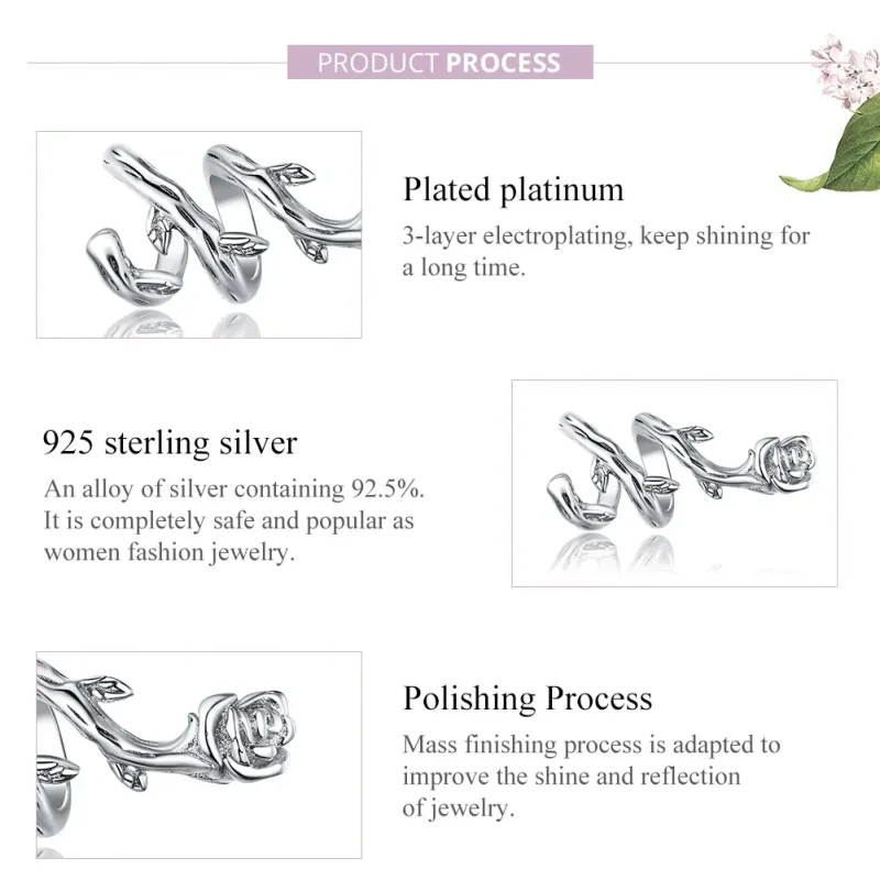 (image for) Pandora Style Silver Charm, Rose Vines - BSC310 - View 8
