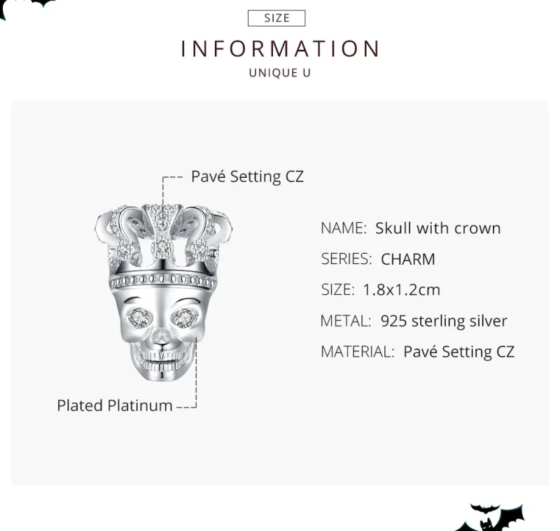 (image for) Pandora Style Silver Charm, Skull With Crown - SCC1361 - View 7