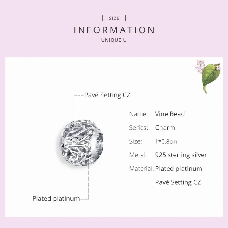 (image for) Pandora Style Silver Charm, Vine - BSC256 - View 7