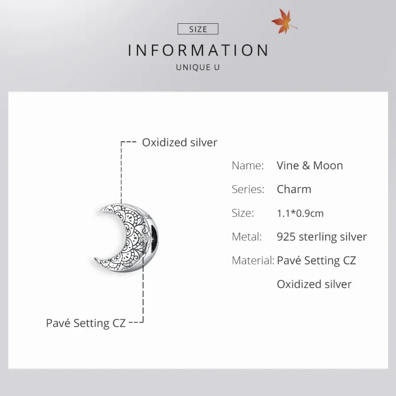 (image for) Pandora Style Silver Charm, Vine & Moon - SCC1604 - View 6