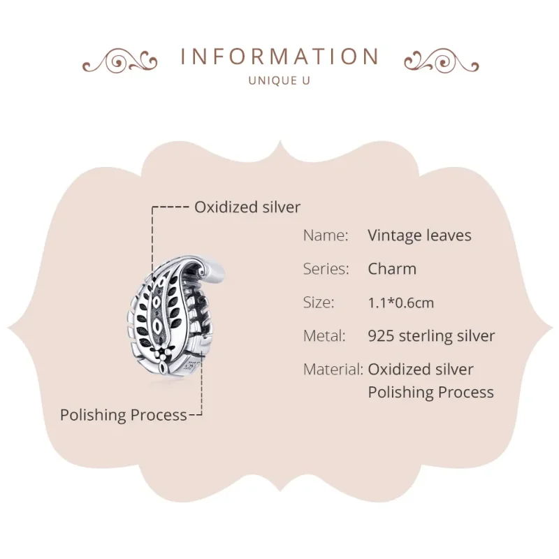 (image for) Pandora Style Silver Charm, Vintage Leaves - SCC1824 - View 6