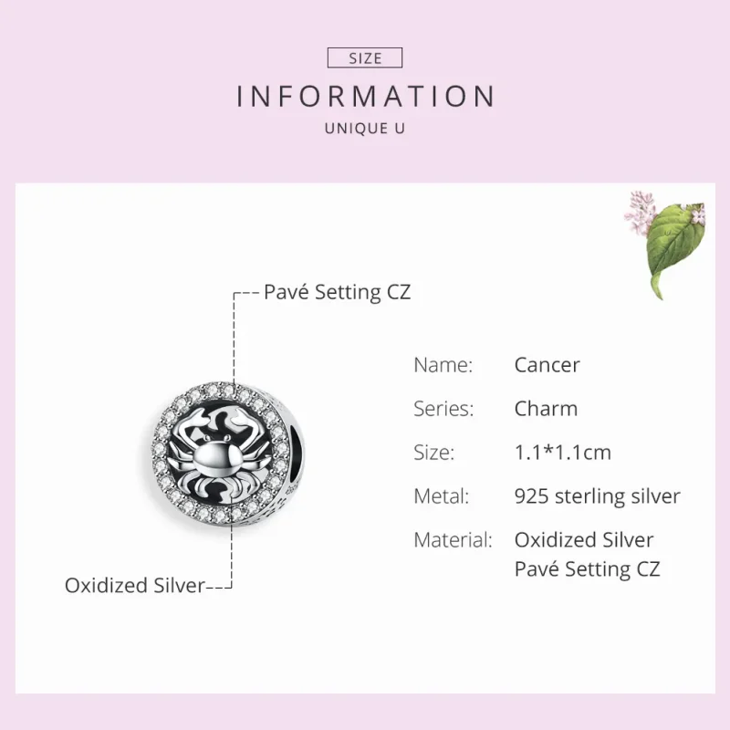 (image for) Silver Cancer Charm - PANDORA Style - SCC1213 - View 3