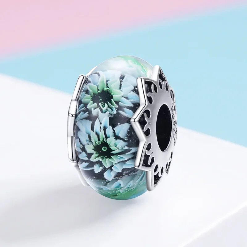(image for) Silver Cyan Chrysanthemum Glass Murano Charm - PANDORA Style - SCC1011 - View 2