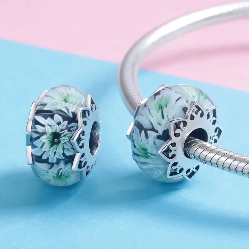 (image for) Silver Cyan Chrysanthemum Glass Murano Charm - PANDORA Style - SCC1011 - View 4