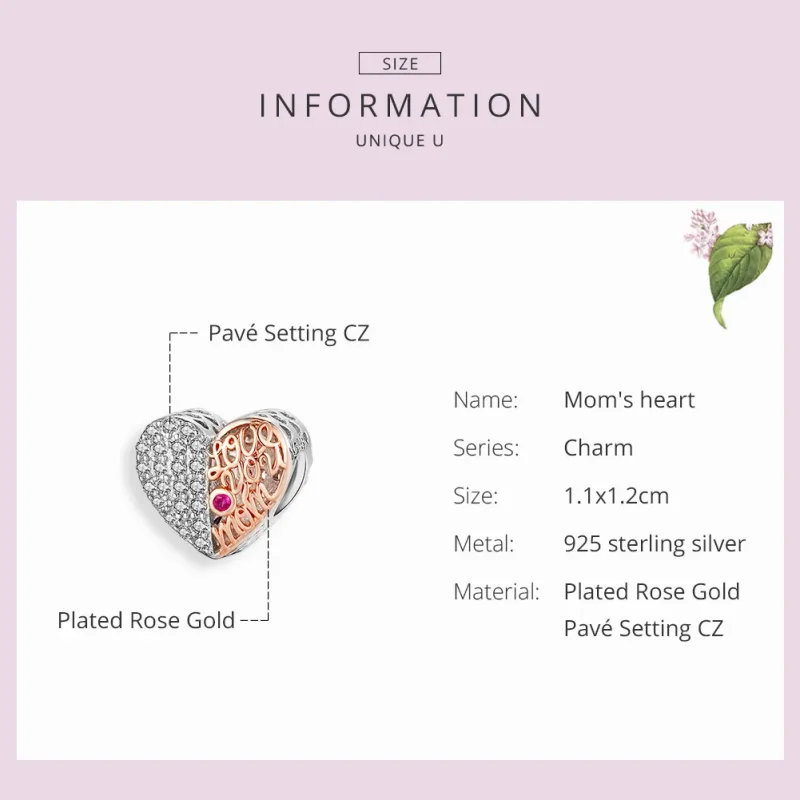 (image for) Silver & Rose Gold Mom Heart Charm - PANDORA Style - SCC1173 - View 3