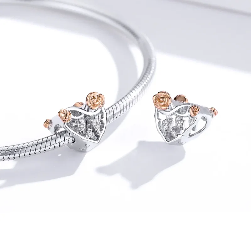 (image for) Two Tone Pandora Style Charm, Heart With Roses - BSC280 - View 2