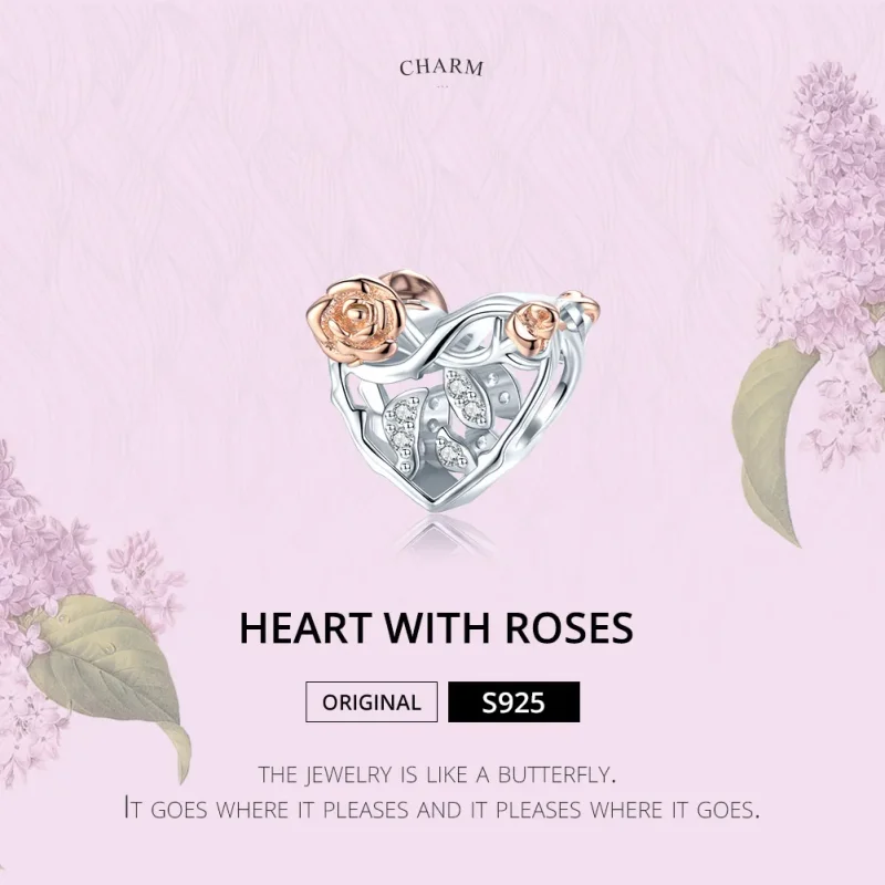 (image for) Two Tone Pandora Style Charm, Heart With Roses - BSC280 - View 6