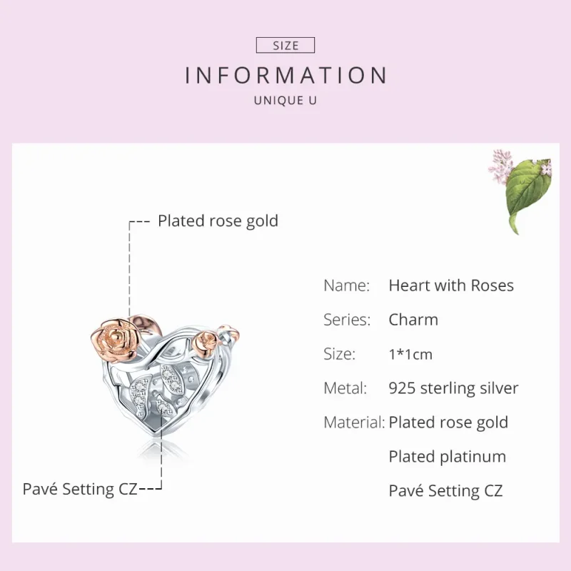 (image for) Two Tone Pandora Style Charm, Heart With Roses - BSC280 - View 7