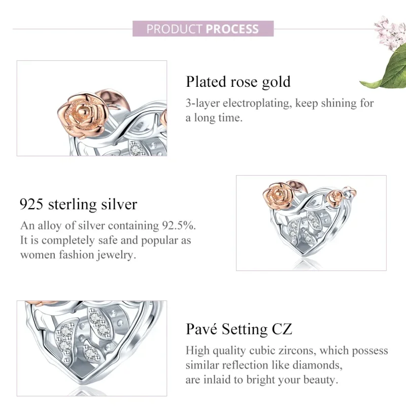 (image for) Two Tone Pandora Style Charm, Heart With Roses - BSC280 - View 8