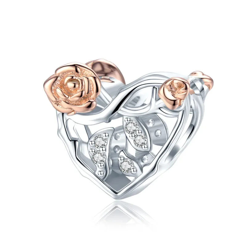 (image for) Two Tone Pandora Style Charm, Heart With Roses - BSC280 - Product Image