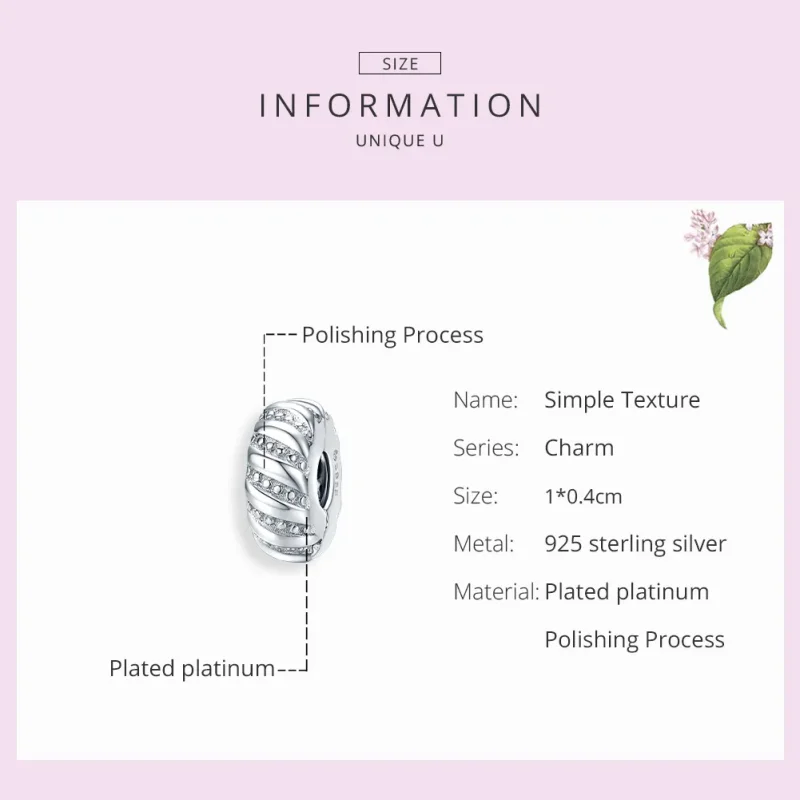 (image for) Pandora Style Silver Charm, Simple Texture - BSC278 - View 7