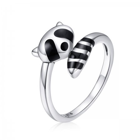 Pandora Style Silver Open Ring, Little Raccoon, Black Enamel - SCR652