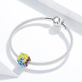 Pandora Style Silver Charm, Colorful Cube, Multicolor Enamel - SCC1640