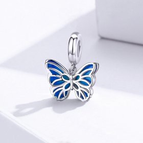Pandora Style Silver Dangle Charm, Butterfly, Blue Enamel - BSC149