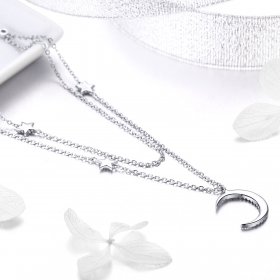 Pandora Style Silver Necklace, Moon & Stars, Enamel - BSN038